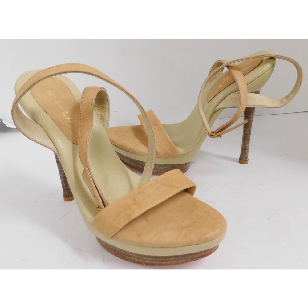 XTC Melrose Beige Leather Platform Strappy Ankle Strap Heels sz 8